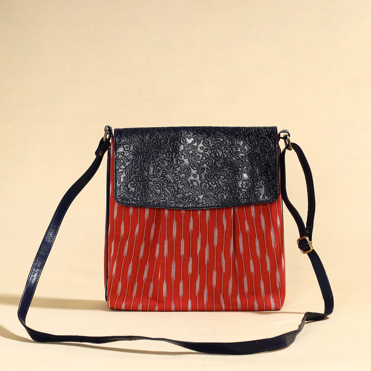 Red - Handcrafted Ikat Fabric Sling Bag with Embossed Leather Flap