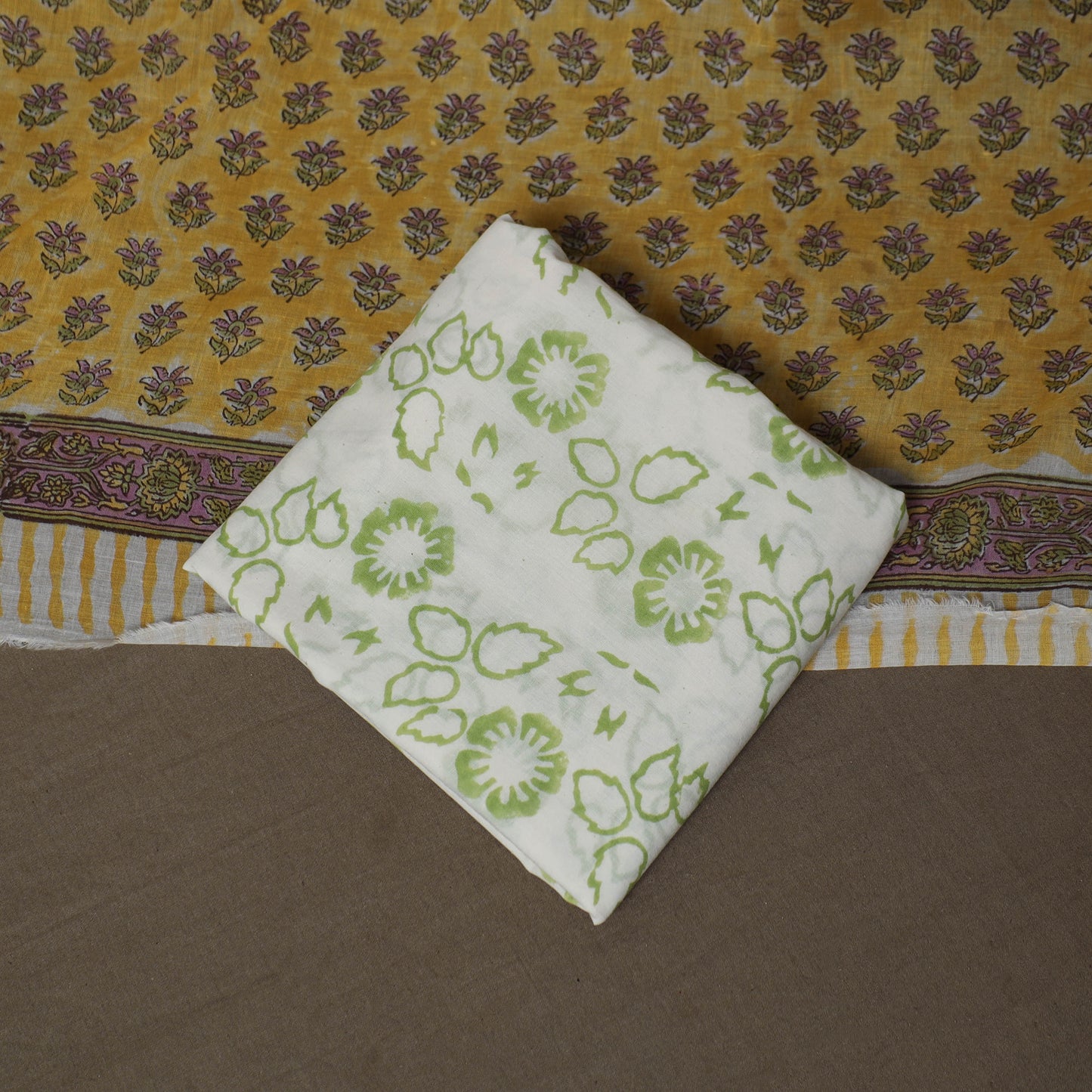 Yellow - Sanganeri Hand Block Print Cotton 3pc Unstitched Dress Material Suit Set 47