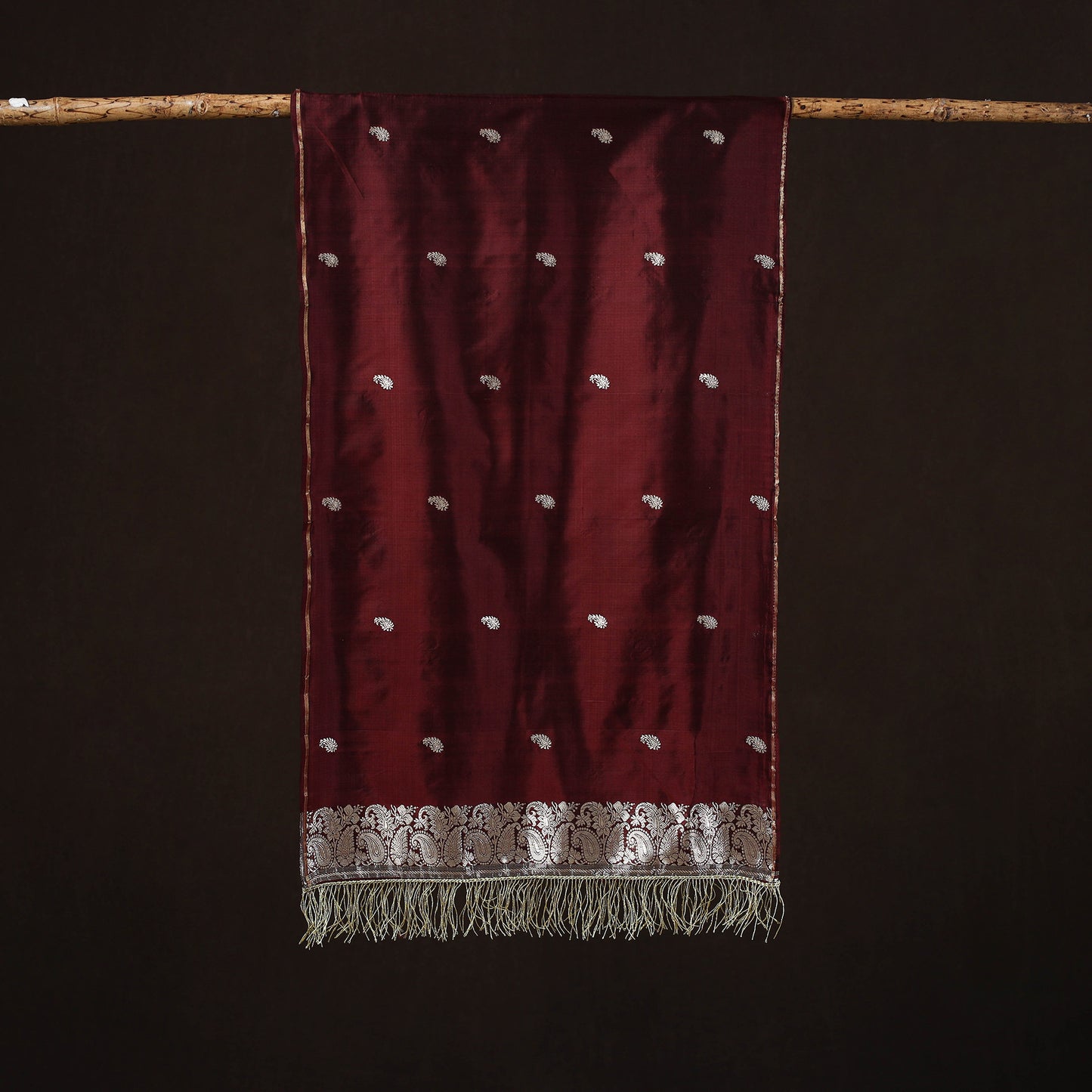 Maroon - Brocade Handloom Pure Silk Banarasi Stole with Tassels 02