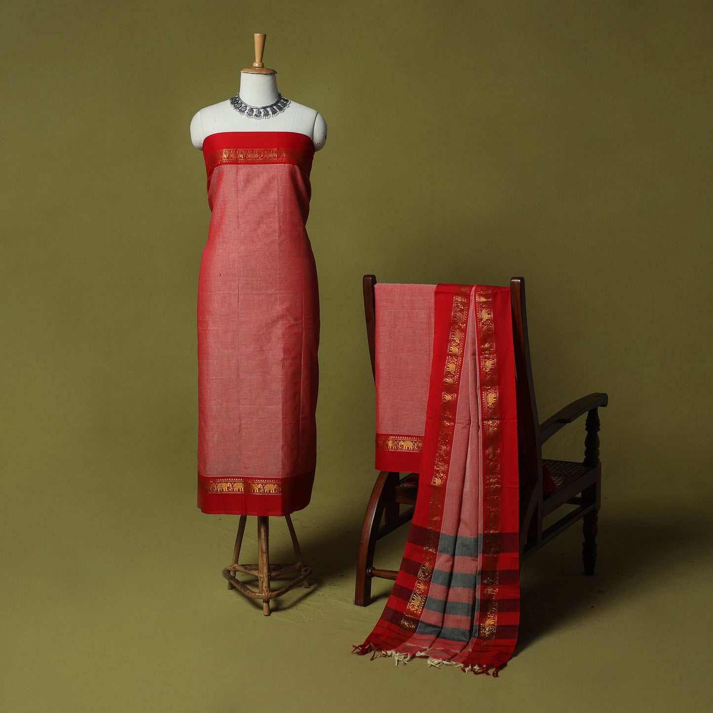 Dharwad Cotton 3pc Unstitched Dress Material Suit Set with Woven Zari Border 22