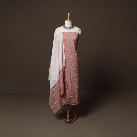 Brown - Sanganeri Hand Block Print Cotton 3pc Unstitched Dress Material Suit Set 48