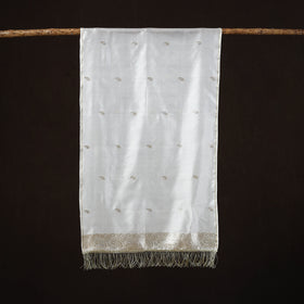 White - Brocade Handloom Pure Silk Banarasi Stole with Tassels 01