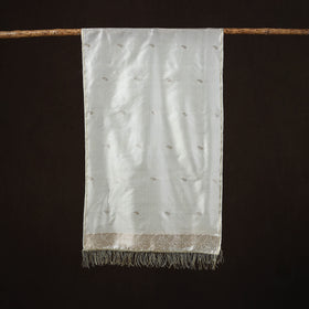 White - Brocade Handloom Pure Silk Banarasi Stole with Tassels 06