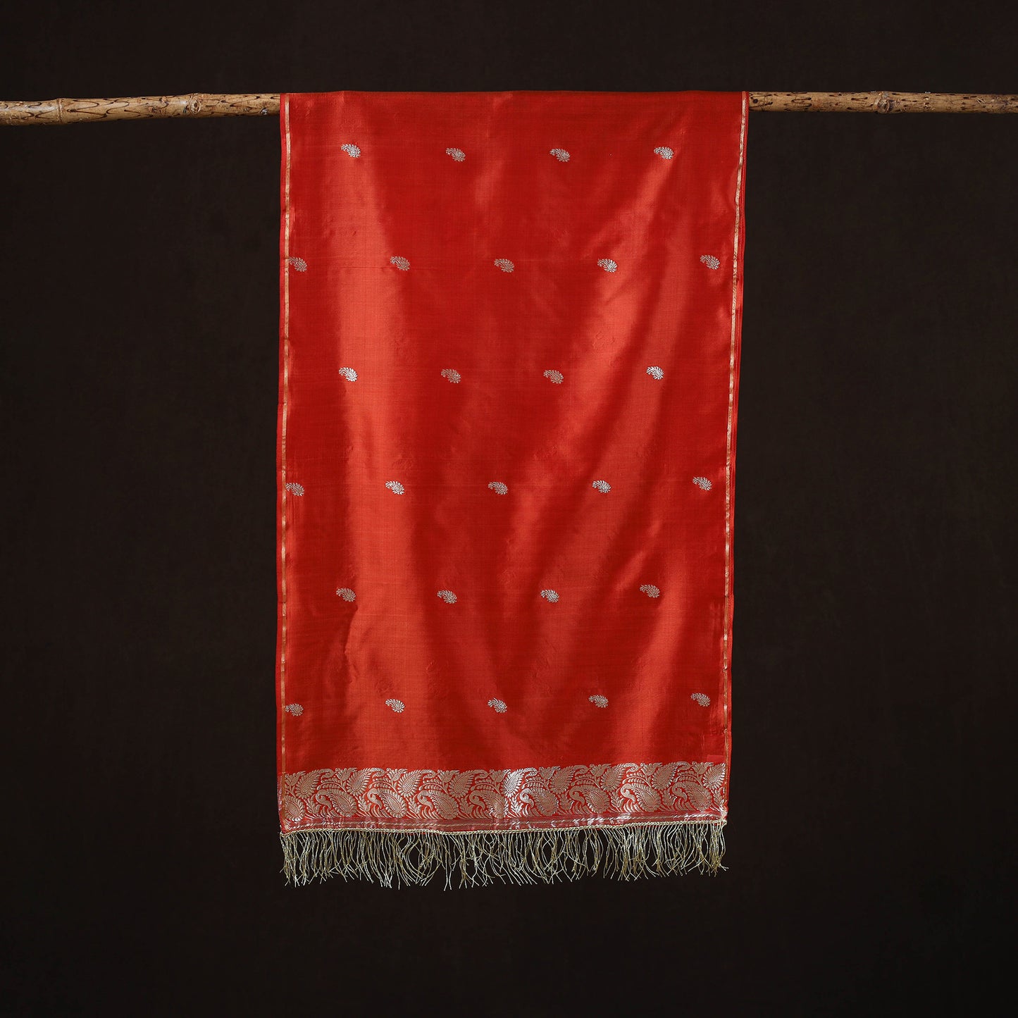Orange - Brocade Handloom Pure Silk Banarasi Stole with Tassels 05