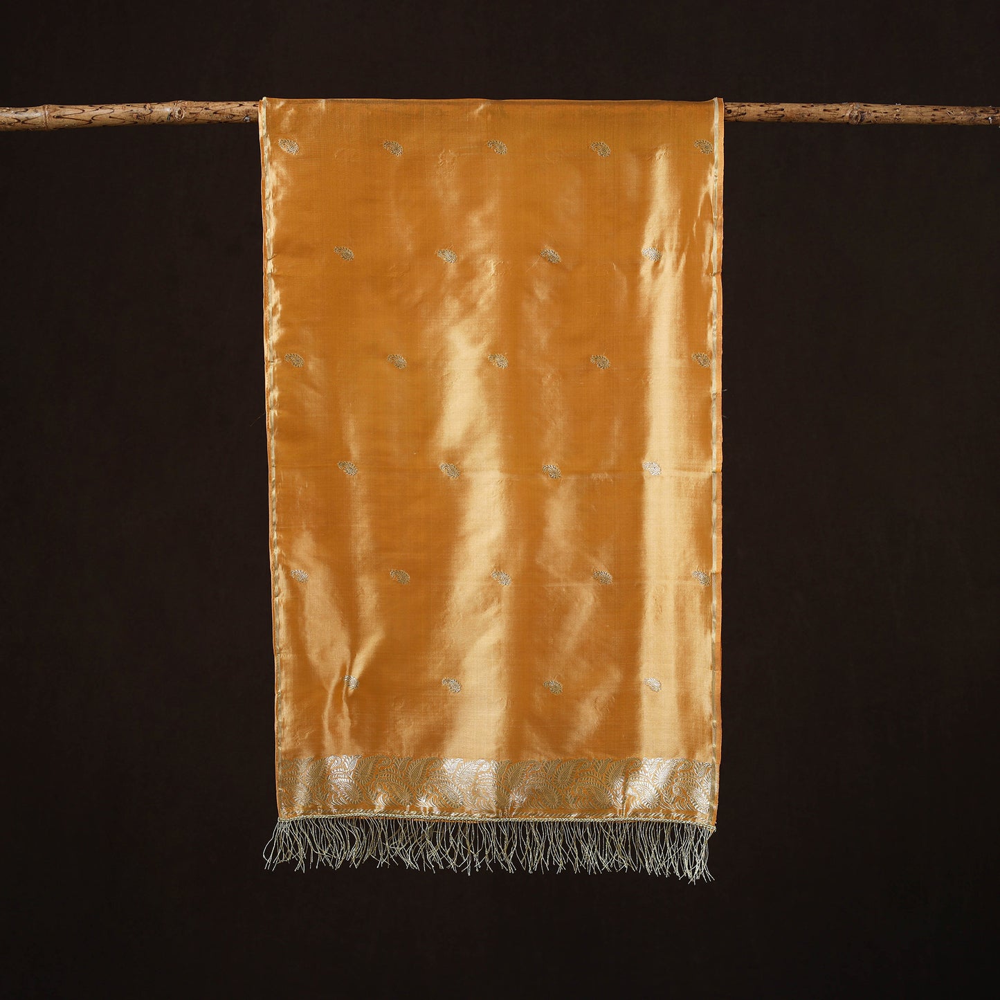 Orange - Brocade Handloom Pure Silk Banarasi Stole with Tassels 07