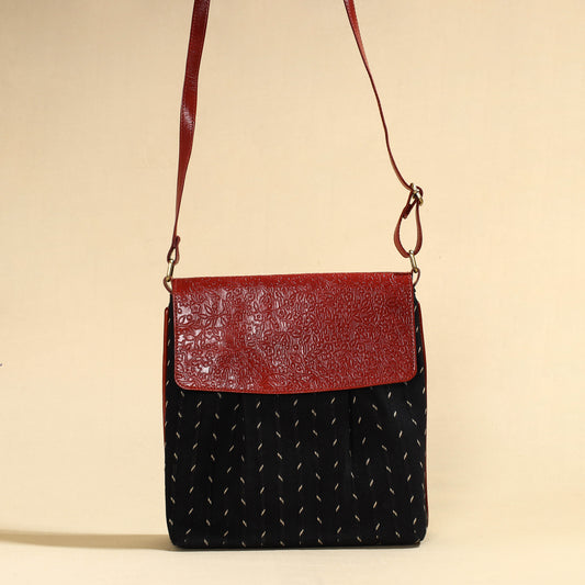 Black - Handcrafted Jacquard Fabric Sling Bag with Embossed Leather Flap