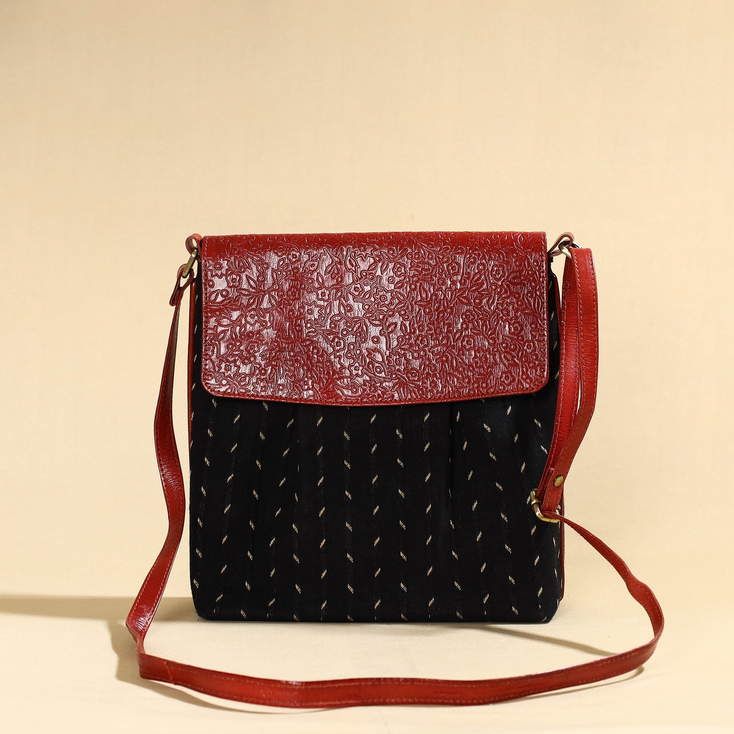 Black - Handcrafted Jacquard Fabric Sling Bag with Embossed Leather Flap