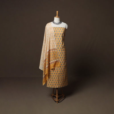 Brown - Sanganeri Hand Block Print Cotton 3pc Unstitched Dress Material Suit Set 50
