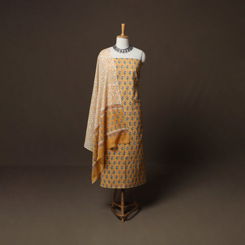 Brown - Sanganeri Hand Block Print Cotton 3pc Unstitched Dress Material Suit Set 50