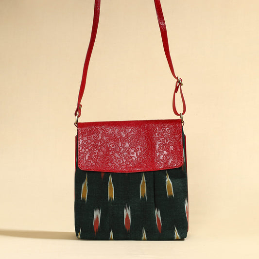 Green - Handcrafted Ikat Fabric Sling Bag with Embossed Leather Flap