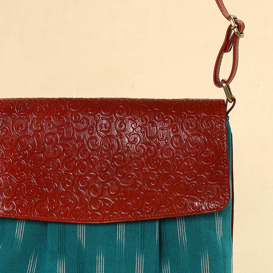 Blue - Handcrafted Jacquard Fabric Sling Bag with Embossed Leather Flap