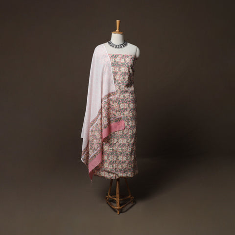 Pink - Sanganeri Hand Block Print Cotton 3pc Unstitched Dress Material Suit Set 51