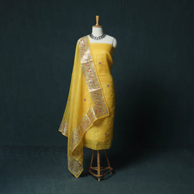 Yellow - 3pc Gota Patti Work Kota Doria Cotton Unstitched Dress Material Suit Set 02