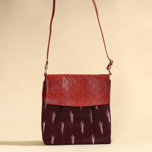 Maroon - Handcrafted Ikat Fabric Sling Bag with Embossed Leather Flap
