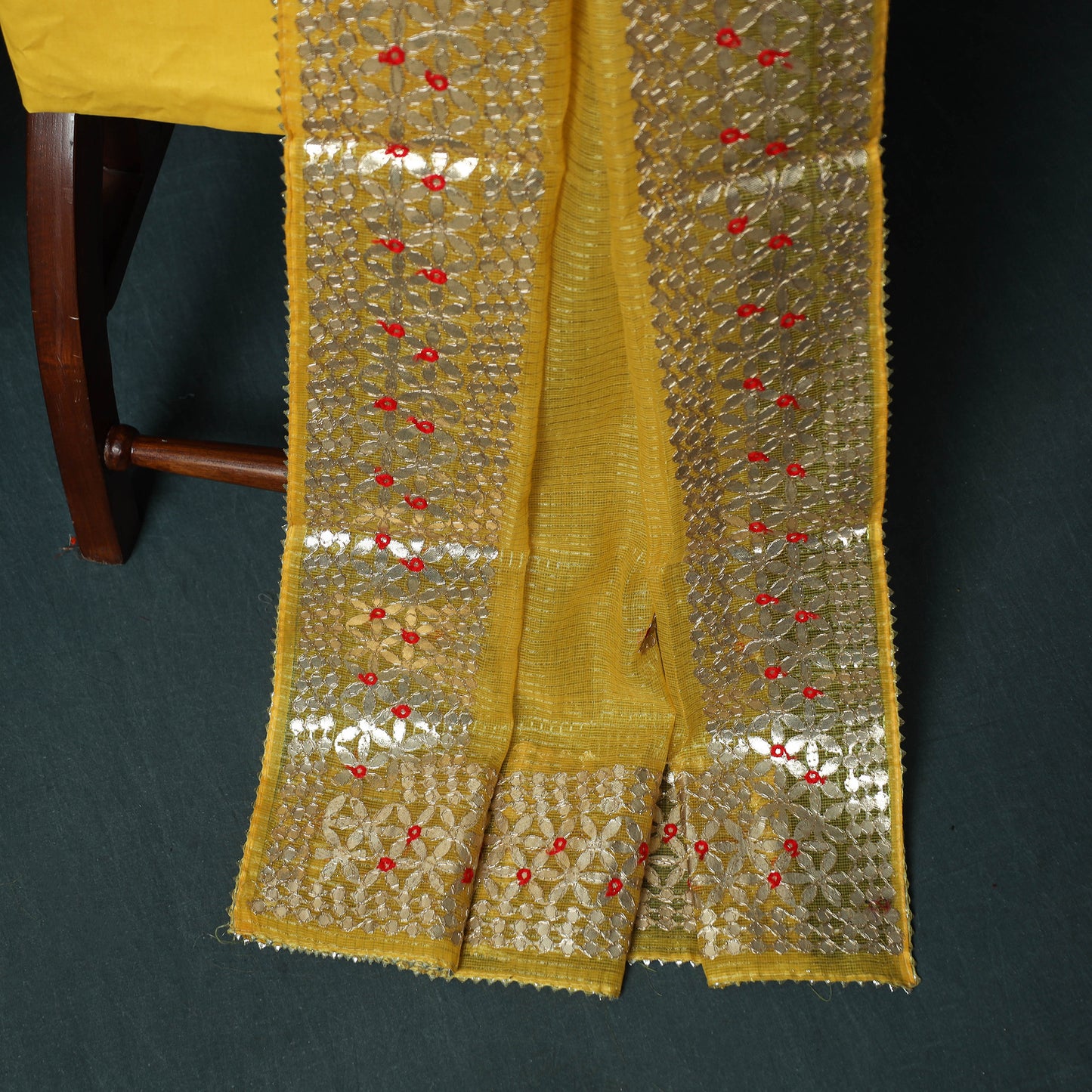 Yellow - 3pc Gota Patti Work Kota Doria Cotton Unstitched Dress Material Suit Set 02