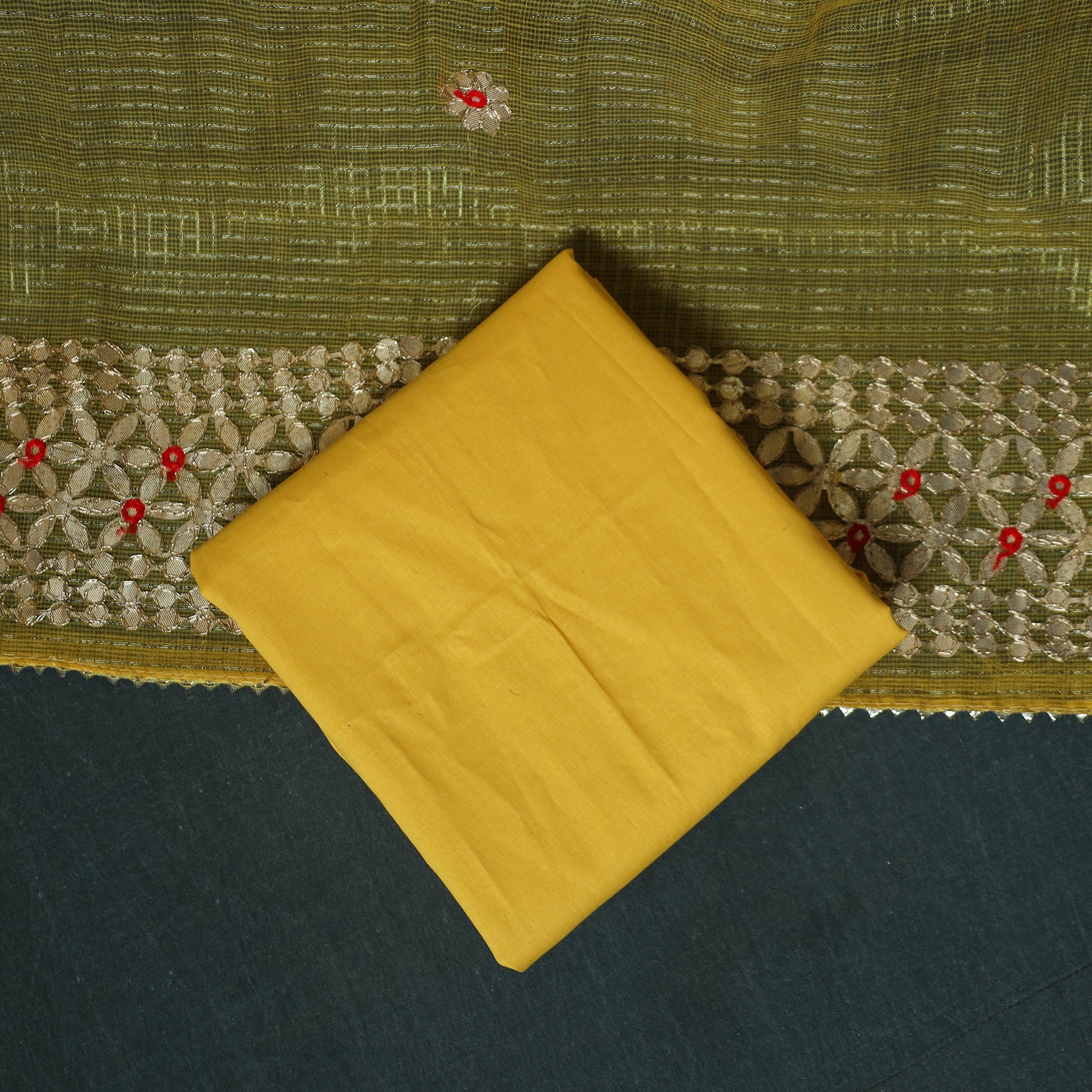 Yellow - 3pc Gota Patti Work Kota Doria Cotton Unstitched Dress Material Suit Set 02