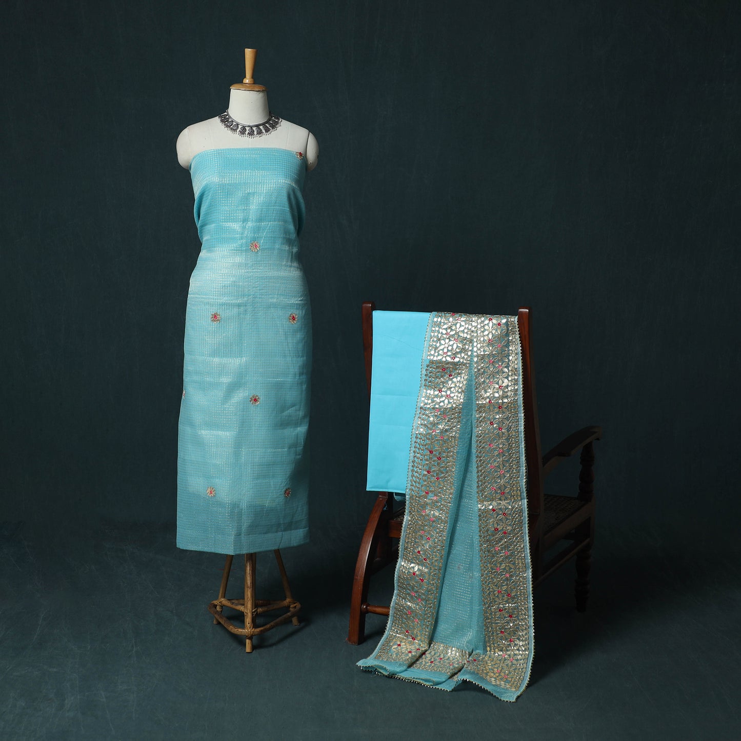 Blue - 3pc Gota Patti Work Kota Doria Cotton Unstitched Dress Material Suit Set 03