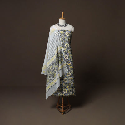 Grey - Sanganeri Hand Block Print Cotton 3pc Unstitched Dress Material Suit Set 54