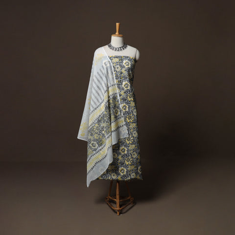 Grey - Sanganeri Hand Block Print Cotton 3pc Unstitched Dress Material Suit Set 54