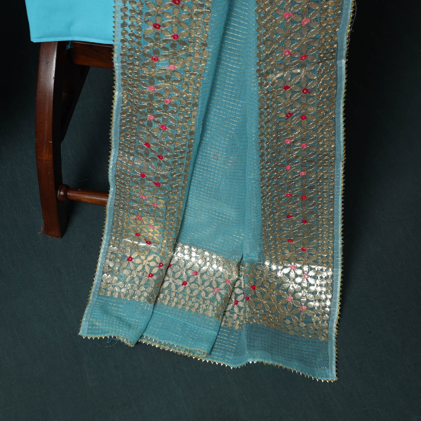 Blue - 3pc Gota Patti Work Kota Doria Cotton Unstitched Dress Material Suit Set 03