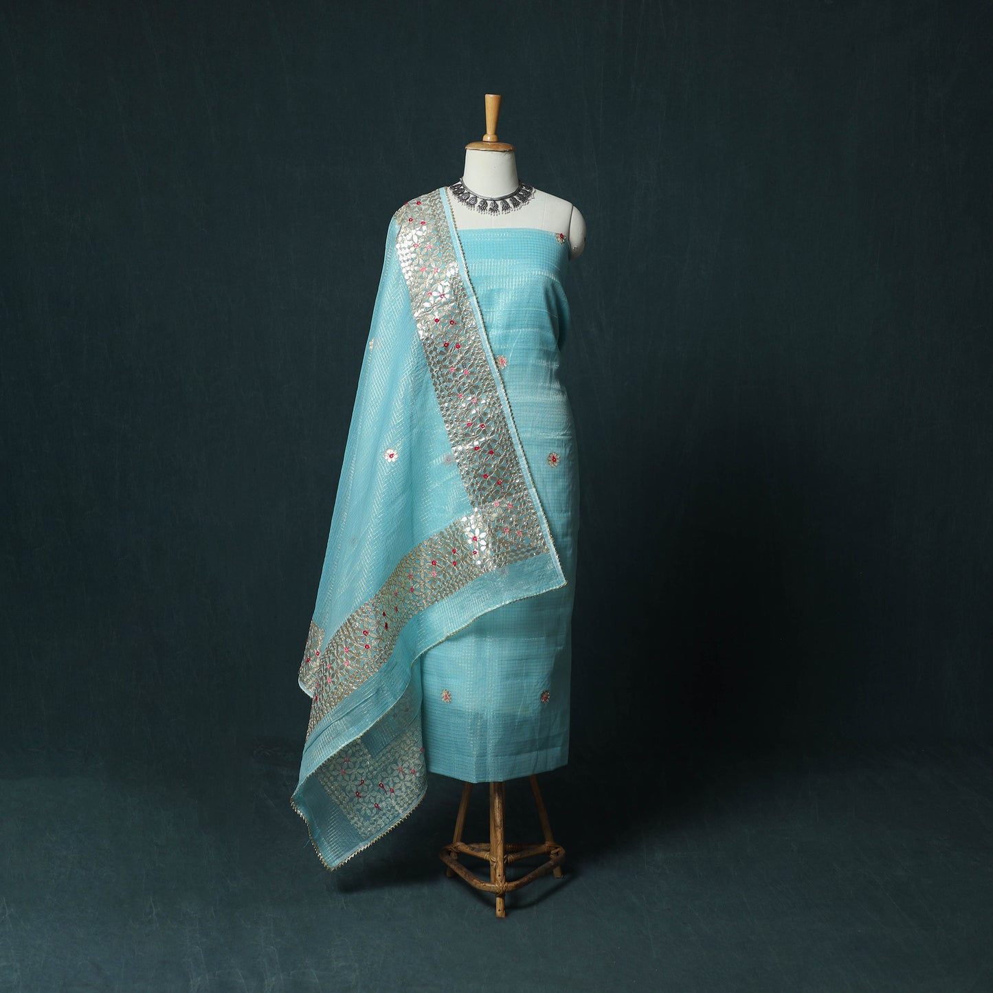 Blue - 3pc Gota Patti Work Kota Doria Cotton Unstitched Dress Material Suit Set 03