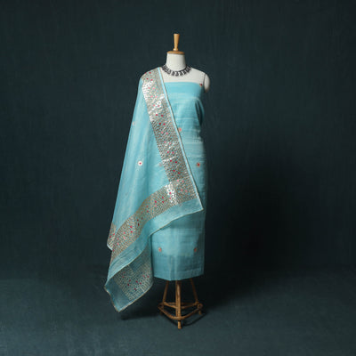 Blue - 3pc Gota Patti Work Kota Doria Cotton Unstitched Dress Material Suit Set 03