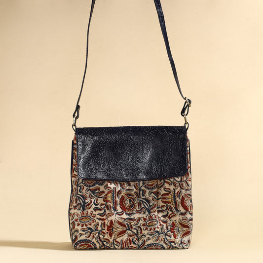 Beige - Handcrafted Kalamkari Fabric Sling Bag with Embossed Leather Flap