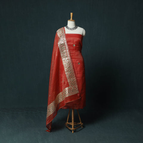 Red - 3pc Gota Patti Work Kota Doria Cotton Unstitched Dress Material Suit Set 01