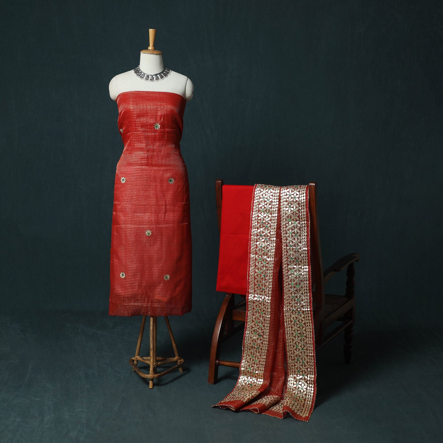 Red - 3pc Gota Patti Work Kota Doria Cotton Unstitched Dress Material Suit Set 01