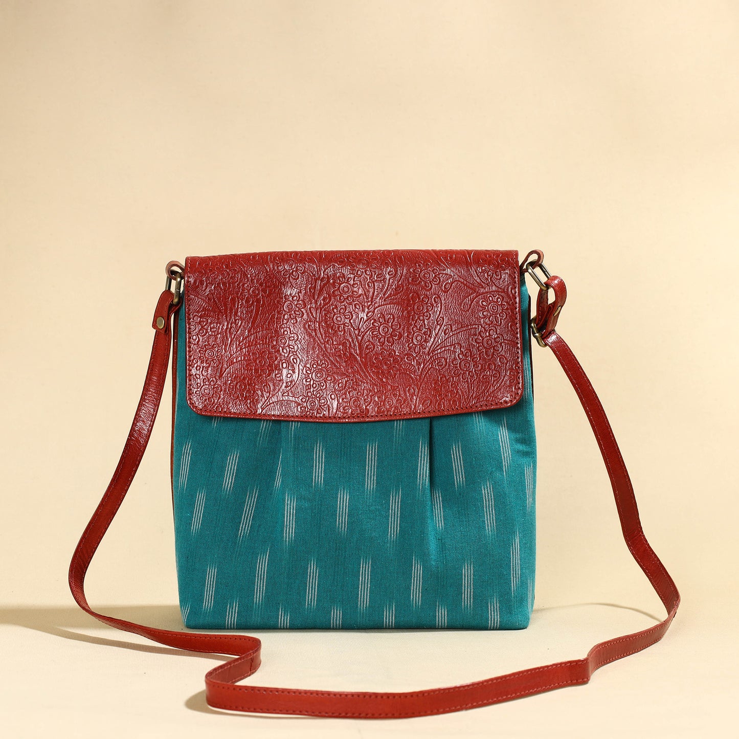 Blue - Handcrafted Ikat Fabric Sling Bag with Embossed Leather Flap