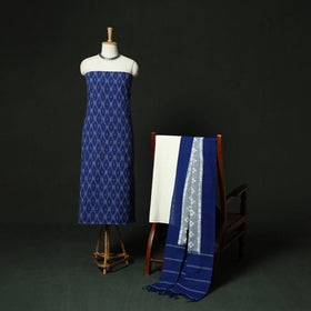 Blue - Pochampally Ikat Cotton 3pc Unstitched Dress Material Suit Set 02