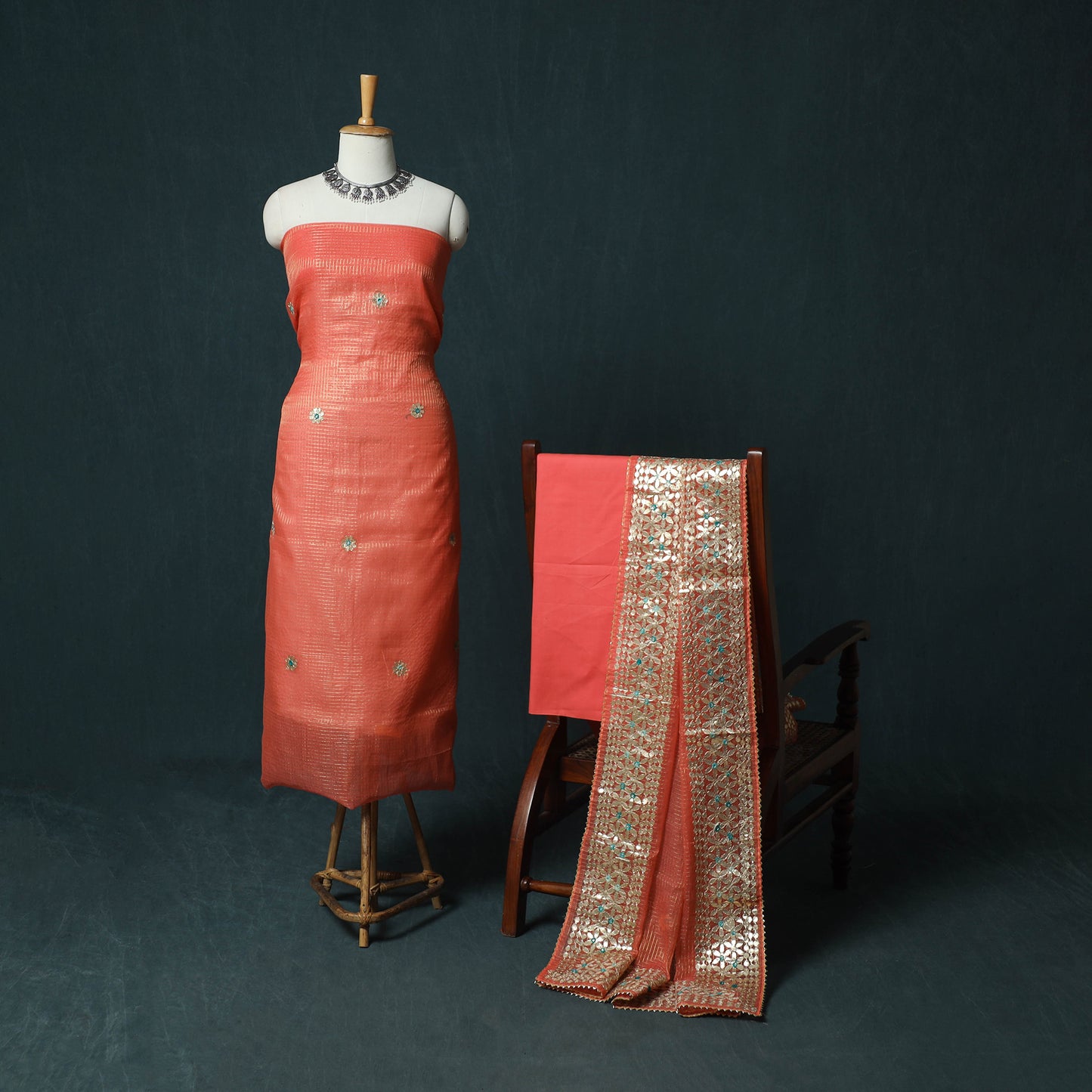 Orange - 3pc Gota Patti Work Kota Doria Cotton Unstitched Dress Material Suit Set 04