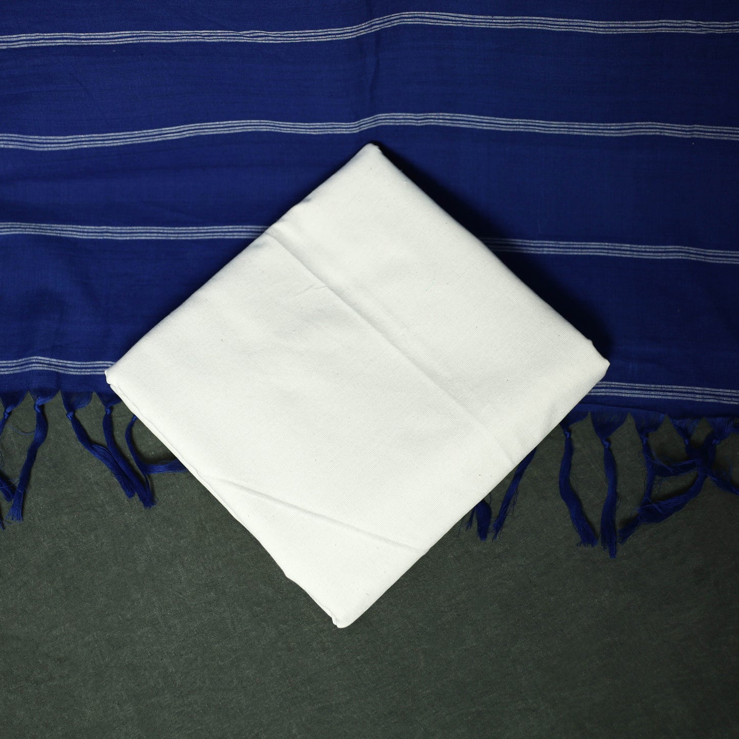 Blue - Pochampally Ikat Cotton 3pc Unstitched Dress Material Suit Set 02