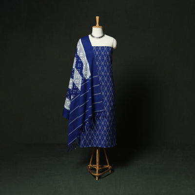 Blue - Pochampally Ikat Cotton 3pc Unstitched Dress Material Suit Set 02