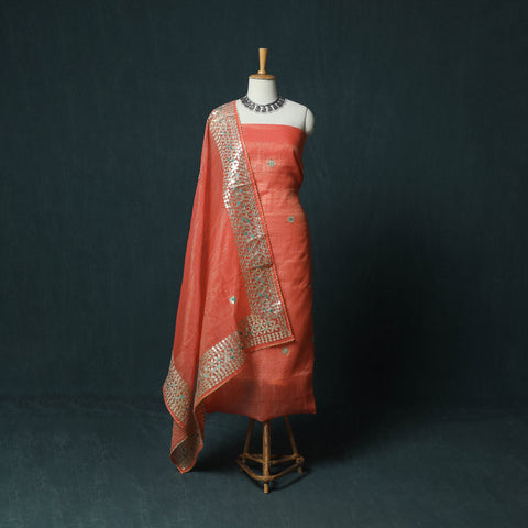 Orange - 3pc Gota Patti Work Kota Doria Cotton Unstitched Dress Material Suit Set 04
