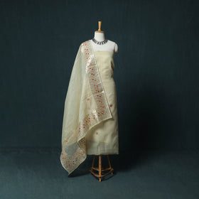 Beige - 3pc Gota Patti Work Kota Doria Cotton Unstitched Dress Material Suit Set 05