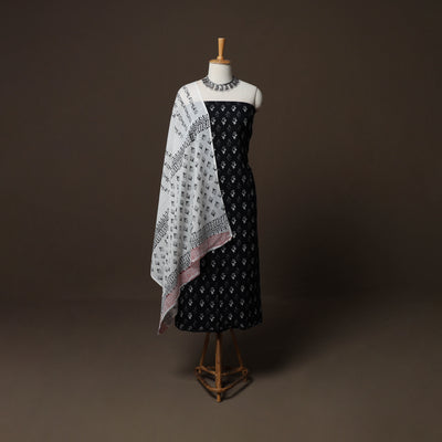 Black - Sanganeri Hand Block Print Cotton 3pc Unstitched Dress Material Suit Set 58