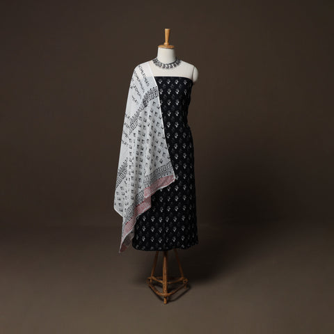 Black - Sanganeri Hand Block Print Cotton 3pc Unstitched Dress Material Suit Set 58