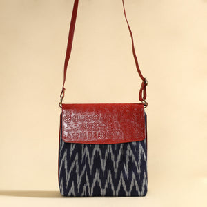 Grey - Handcrafted Ikat Fabric Sling Bag with Embossed Leather Flap