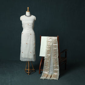 White - 3pc Gota Patti Work Kota Doria Cotton Unstitched Dress Material Suit Set 06