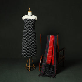 Black - Pochampally Ikat Cotton 3pc Unstitched Dress Material Suit Set 04