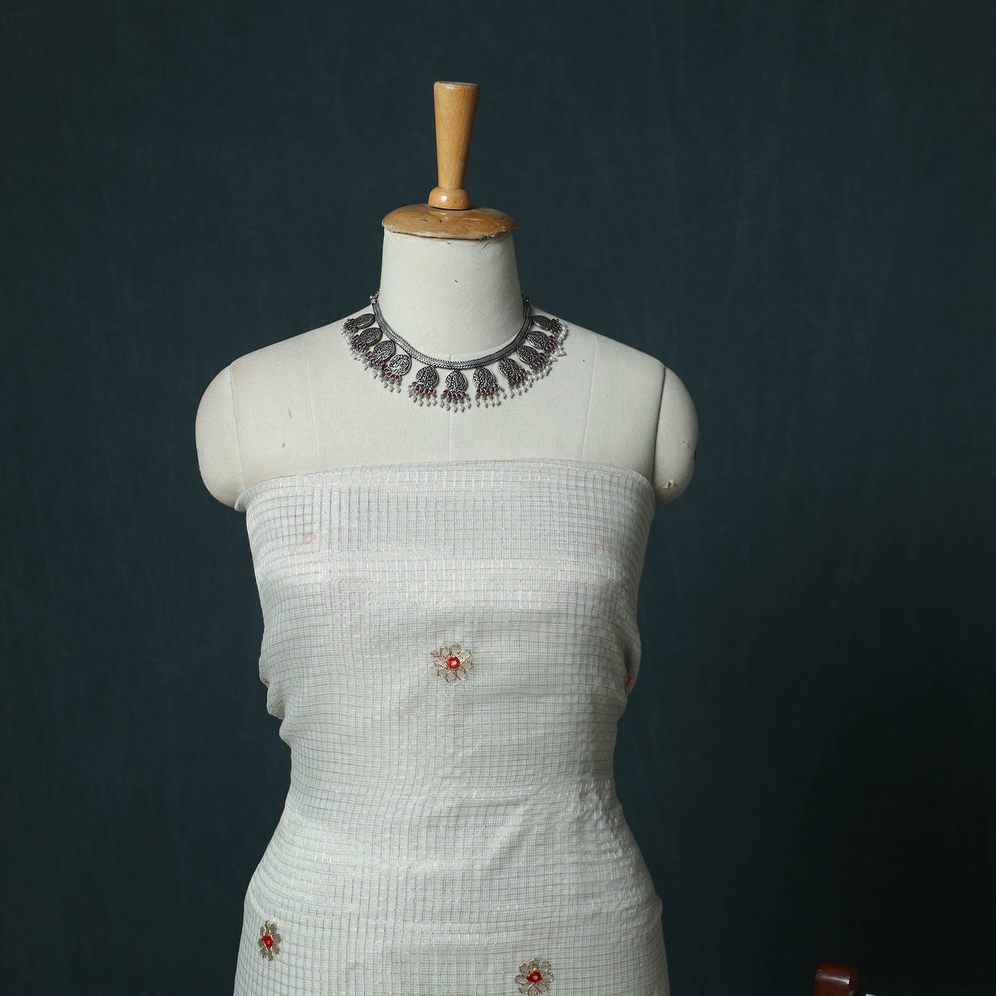 White - 3pc Gota Patti Work Kota Doria Cotton Unstitched Dress Material Suit Set 06
