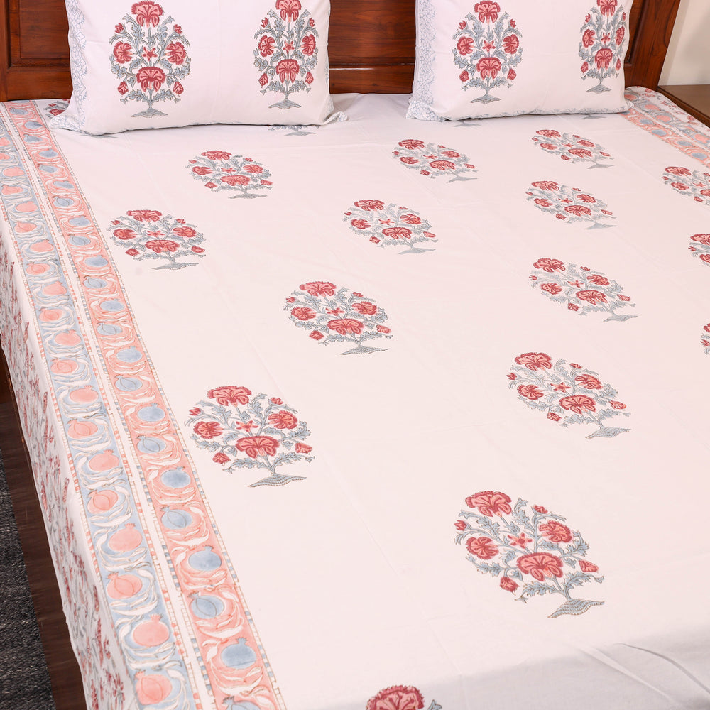 White - Sanganeri Print Cotton Double Bed Cover Set (108 x 90 in) 01