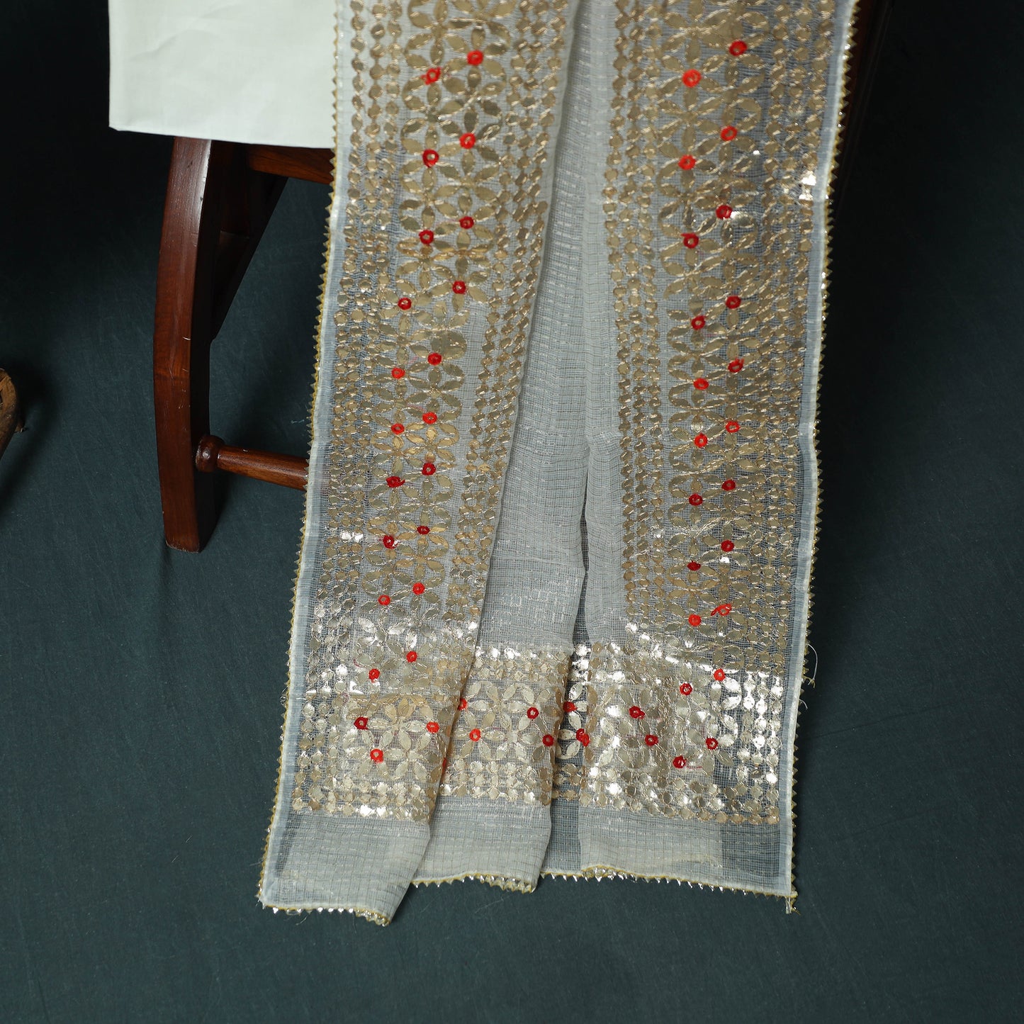 White - 3pc Gota Patti Work Kota Doria Cotton Unstitched Dress Material Suit Set 06
