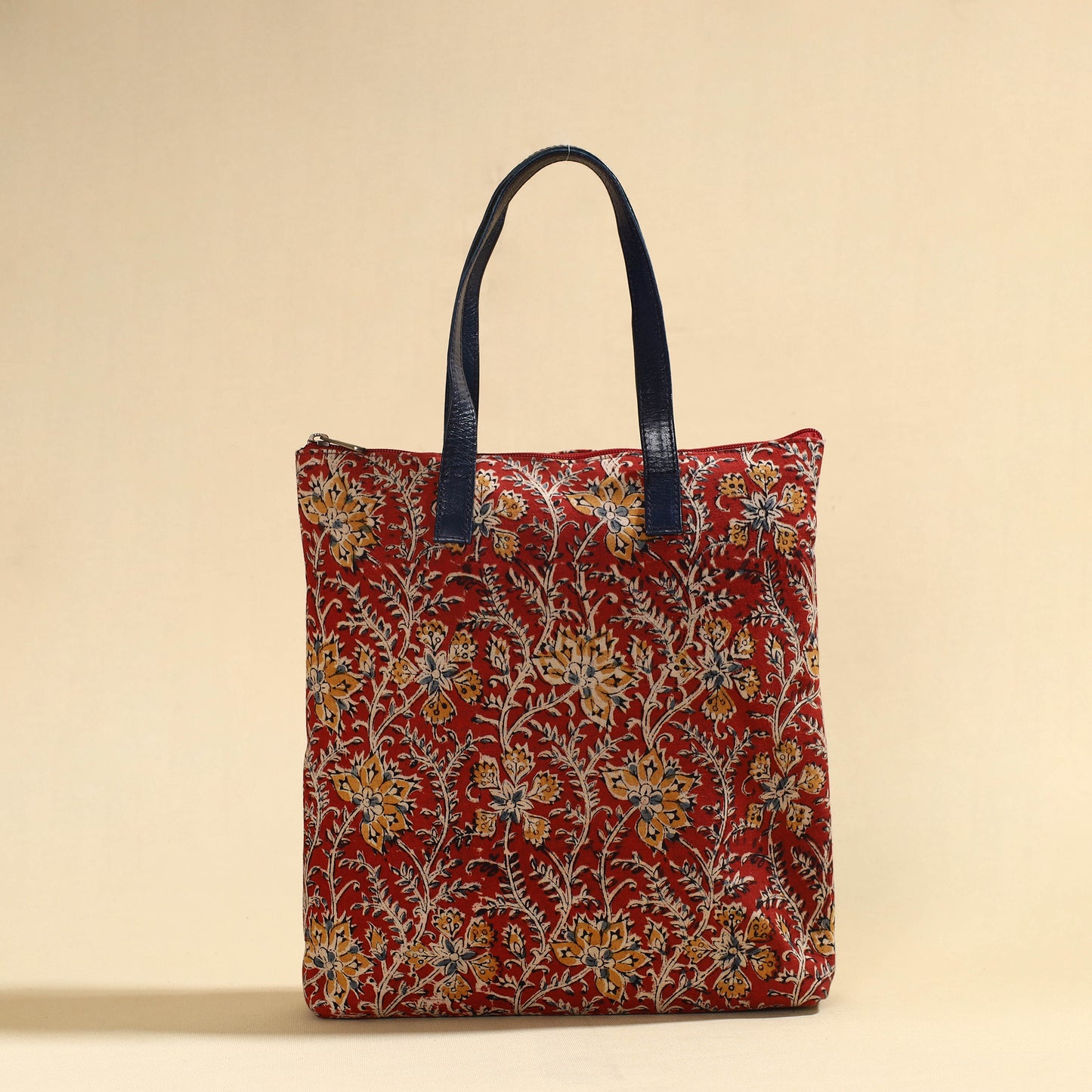 Handcrafted Kalamkari Block Printed Hand Bag with Leather Handle