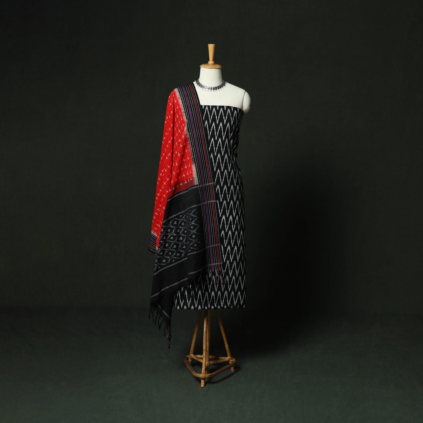 Black - Pochampally Ikat Cotton 3pc Unstitched Dress Material Suit Set 04