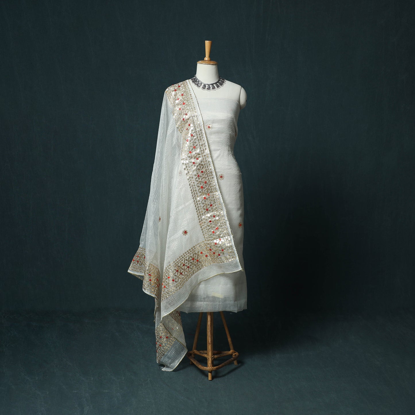 White - 3pc Gota Patti Work Kota Doria Cotton Unstitched Dress Material Suit Set 06