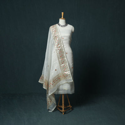 White - 3pc Gota Patti Work Kota Doria Cotton Unstitched Dress Material Suit Set 06
