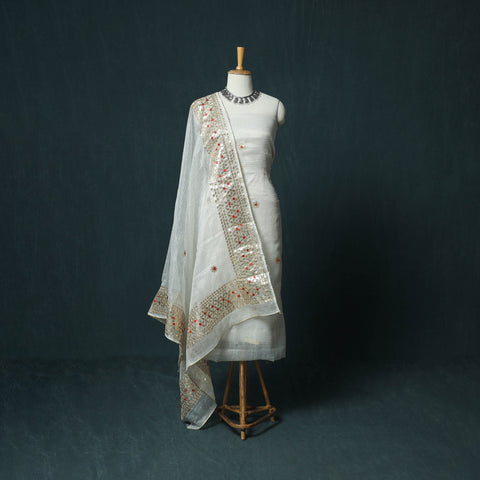 White - 3pc Gota Patti Work Kota Doria Cotton Unstitched Dress Material Suit Set 06