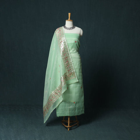 Green - 3pc Gota Patti Work Kota Doria Cotton Unstitched Dress Material Suit Set 07